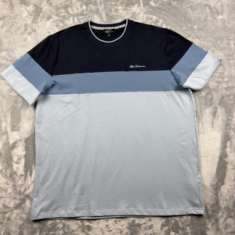 Ben Sherman Mens XL Color Block T-Shirt Blue Navy Short Sleeve Embroidered Logo